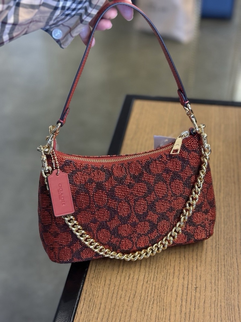 Coach Red and Black Signature Jacquard Shoulder Bag with Gold Chain